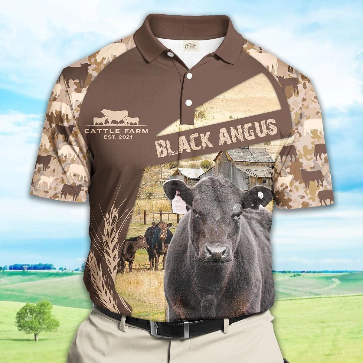 Black Angus Men Polo Shirts - Black Angus Camo Pattern Polo Shirts For Men - Perfect Gift For Black Angus Lovers, Cattle Lovers - Amzanimalsgift