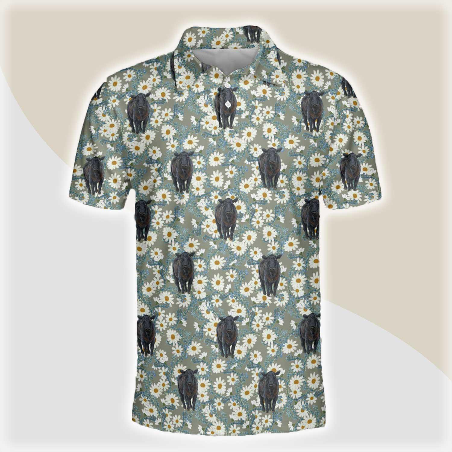 Black Angus Men Polo Shirts - Black Angus Camomilles Flower Grey Pattern Button Shirts For Men - Perfect Gift For Black Angus Lovers, Cattle Lovers - Amzanimalsgift