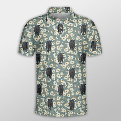 Black Angus Men Polo Shirts - Black Angus Camomilles Flower Grey Pattern Button Shirts For Men - Perfect Gift For Black Angus Lovers, Cattle Lovers - Amzanimalsgift