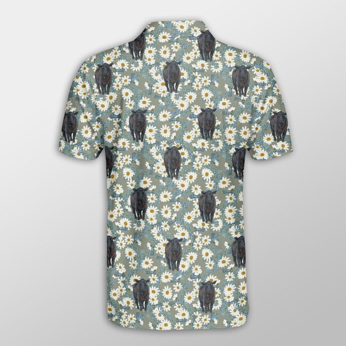 Black Angus Men Polo Shirts - Black Angus Camomilles Flower Grey Pattern Button Shirts For Men - Perfect Gift For Black Angus Lovers, Cattle Lovers - Amzanimalsgift