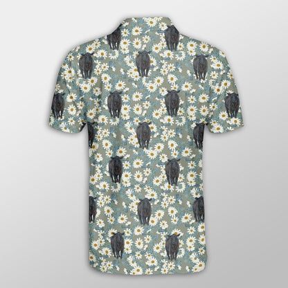 Black Angus Men Polo Shirts - Black Angus Camomilles Flower Grey Pattern Button Shirts For Men - Perfect Gift For Black Angus Lovers, Cattle Lovers - Amzanimalsgift