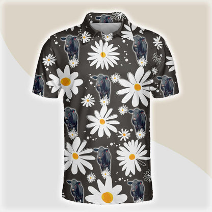 Black Angus Men Polo Shirts - Black Angus Daisy Flower Pattern Button Shirts For Men - Perfect Gift For Black Angus Lovers, Cattle Lovers - Amzanimalsgift