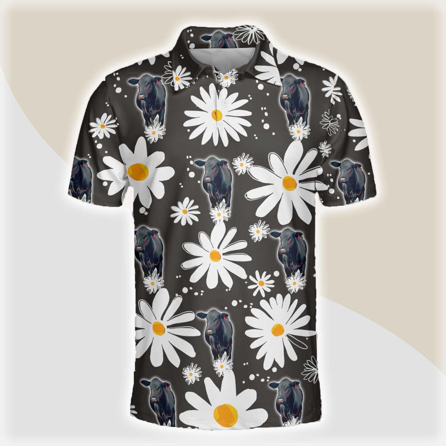 Black Angus Men Polo Shirts - Black Angus Daisy Flower Pattern Button Shirts For Men - Perfect Gift For Black Angus Lovers, Cattle Lovers - Amzanimalsgift