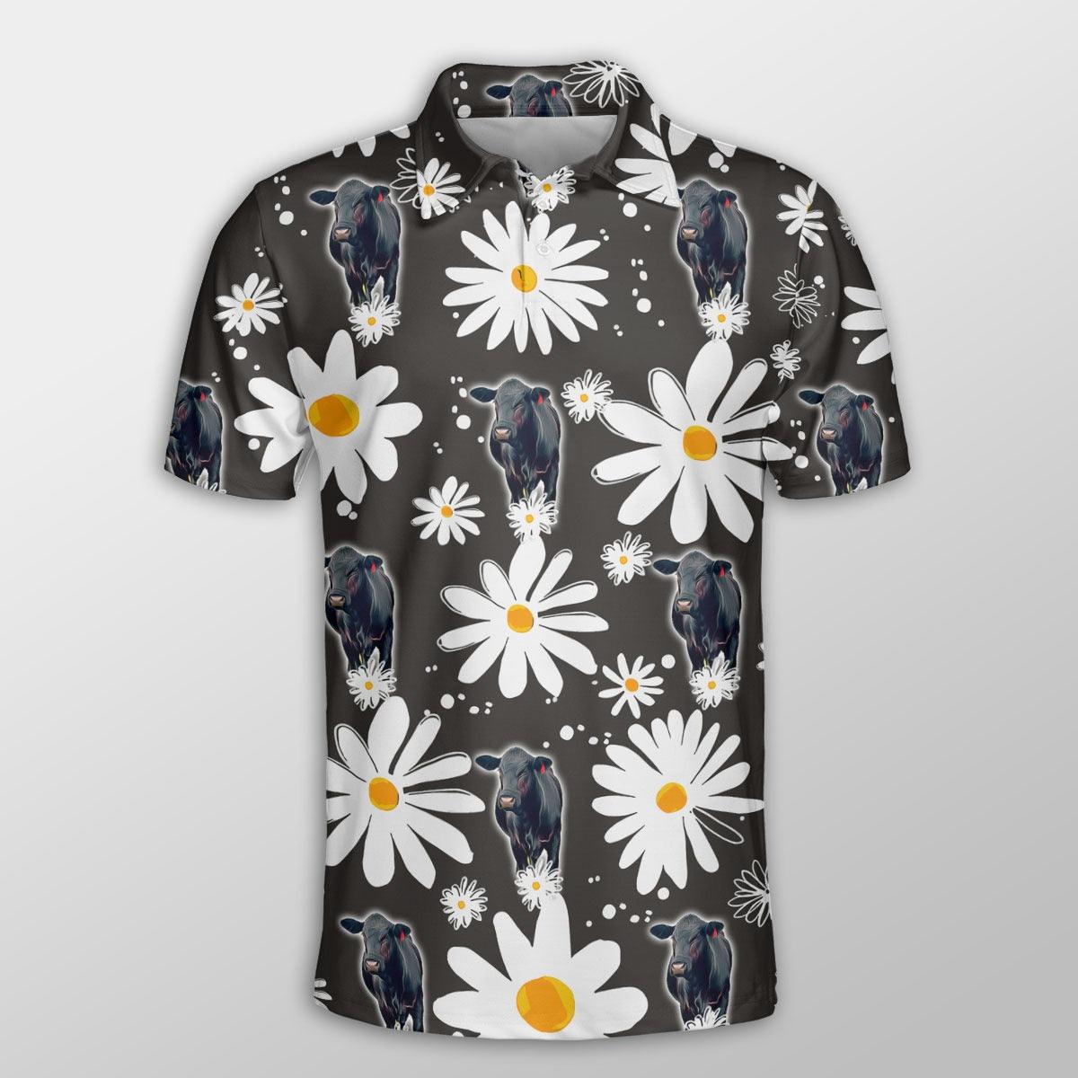 Black Angus Men Polo Shirts - Black Angus Daisy Flower Pattern Button Shirts For Men - Perfect Gift For Black Angus Lovers, Cattle Lovers - Amzanimalsgift