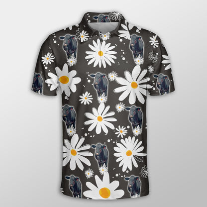 Black Angus Men Polo Shirts - Black Angus Daisy Flower Pattern Button Shirts For Men - Perfect Gift For Black Angus Lovers, Cattle Lovers - Amzanimalsgift