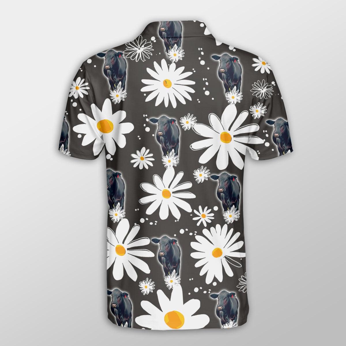 Black Angus Men Polo Shirts - Black Angus Daisy Flower Pattern Button Shirts For Men - Perfect Gift For Black Angus Lovers, Cattle Lovers - Amzanimalsgift