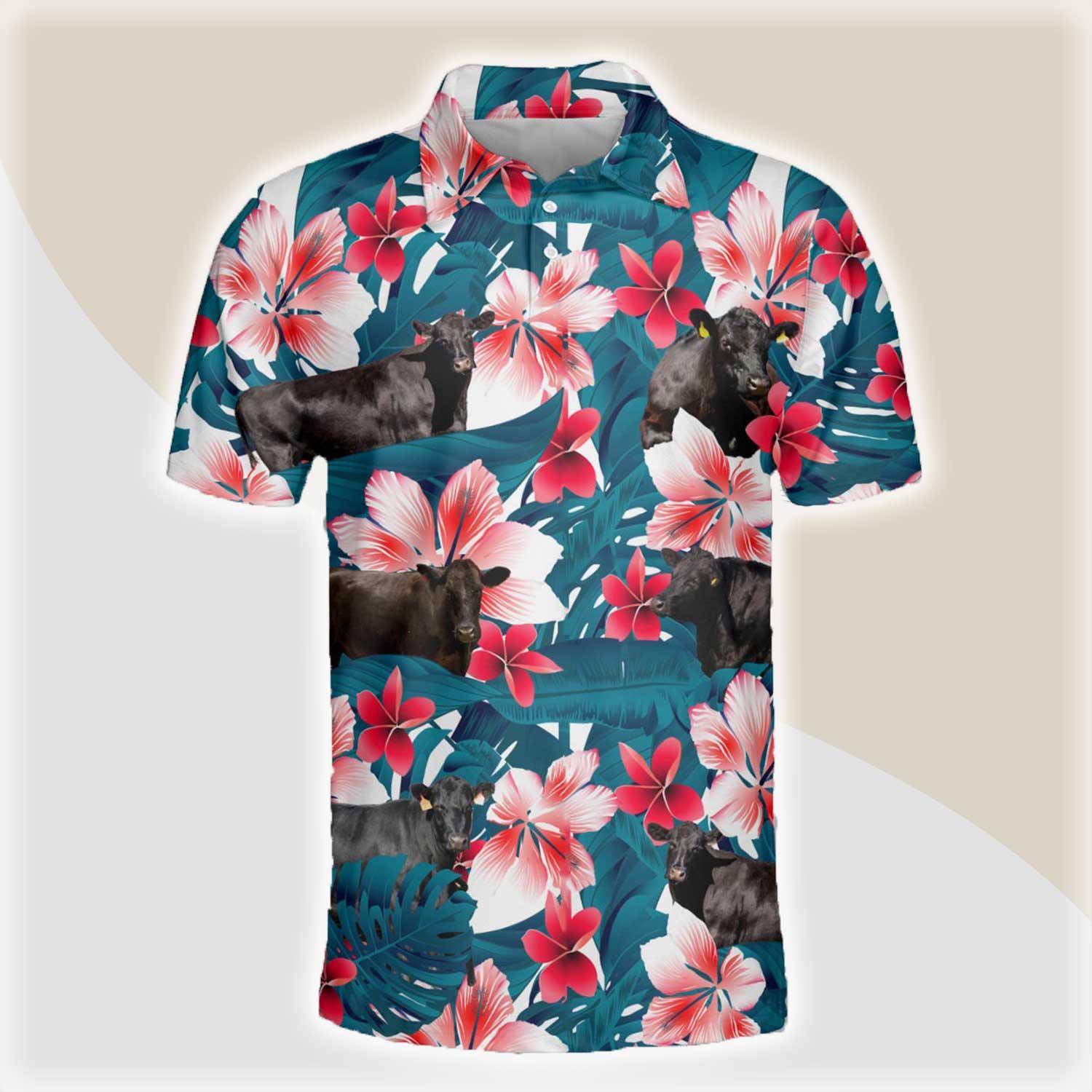 Black Angus Men Polo Shirts - Black Angus Tropical Floral Pattern Farm Lovers Button Shirts For Men - Perfect Gift For Black Angus Lovers, Cattle Lovers - Amzanimalsgift