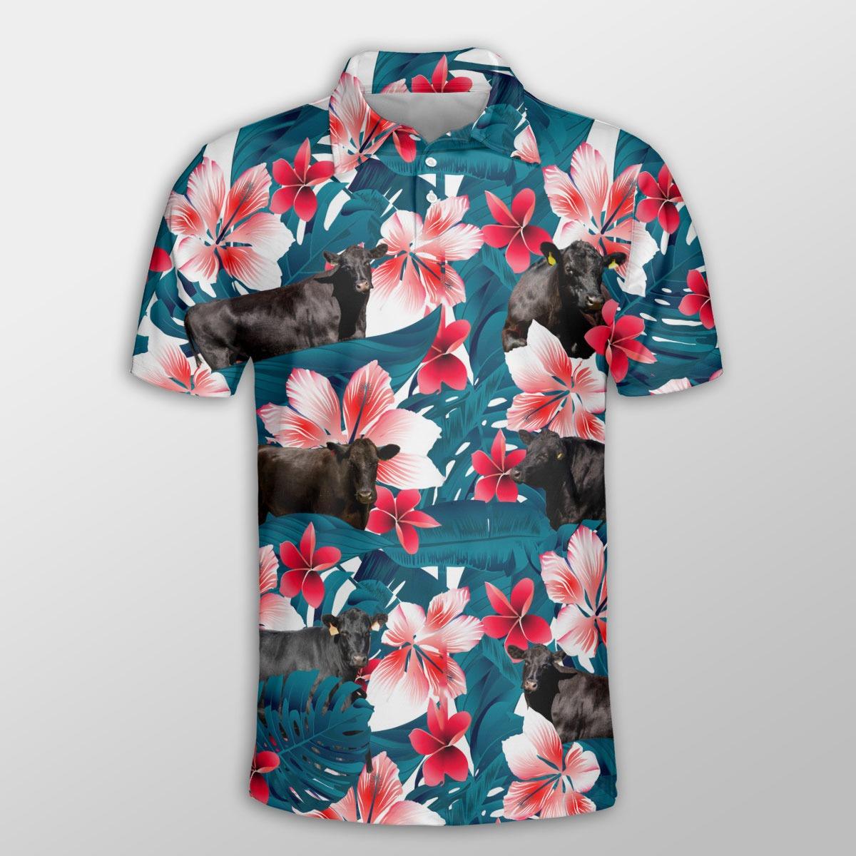 Black Angus Men Polo Shirts - Black Angus Tropical Floral Pattern Farm Lovers Button Shirts For Men - Perfect Gift For Black Angus Lovers, Cattle Lovers - Amzanimalsgift