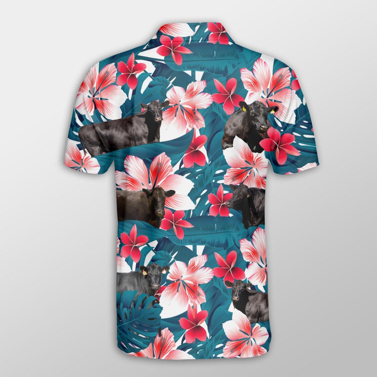 Black Angus Men Polo Shirts - Black Angus Tropical Floral Pattern Farm Lovers Button Shirts For Men - Perfect Gift For Black Angus Lovers, Cattle Lovers - Amzanimalsgift
