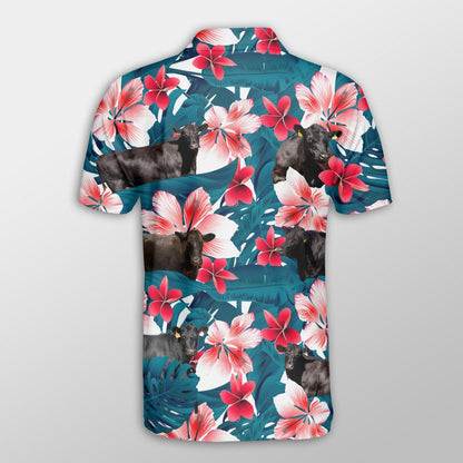Black Angus Men Polo Shirts - Black Angus Tropical Floral Pattern Farm Lovers Button Shirts For Men - Perfect Gift For Black Angus Lovers, Cattle Lovers - Amzanimalsgift