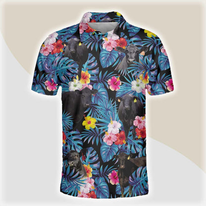 Black Angus Men Polo Shirts - Black Angus Tropical Flowers Leaves Pattern Button Shirts For Men - Perfect Gift For Black Angus Lovers, Cattle Lovers - Amzanimalsgift