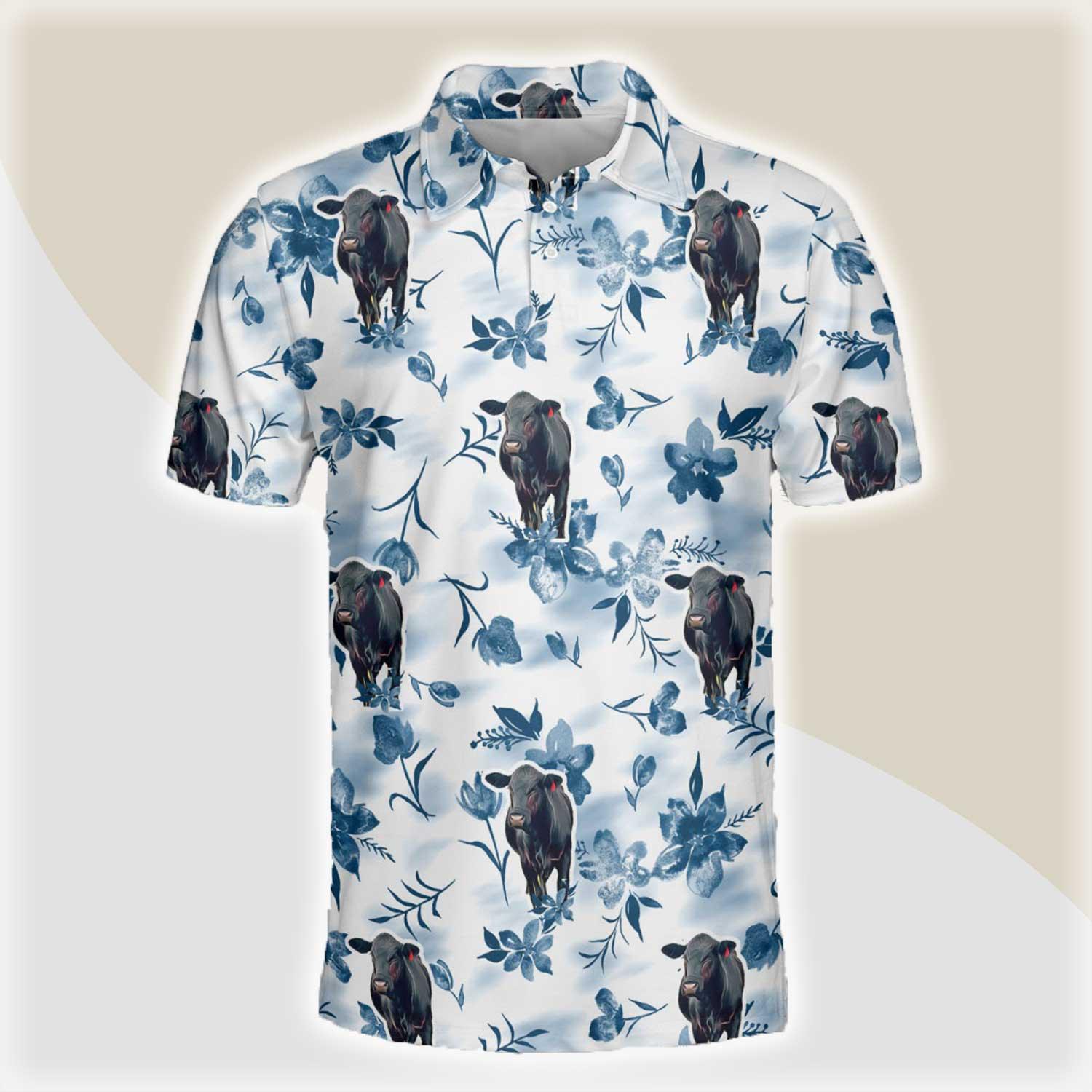Black Angus Men Polo Shirts - Black Angus Watercolor Flowers and Leaves Tie Dye Pattern Button Shirts For Men - Perfect Gift For Black Angus Lovers - Amzanimalsgift