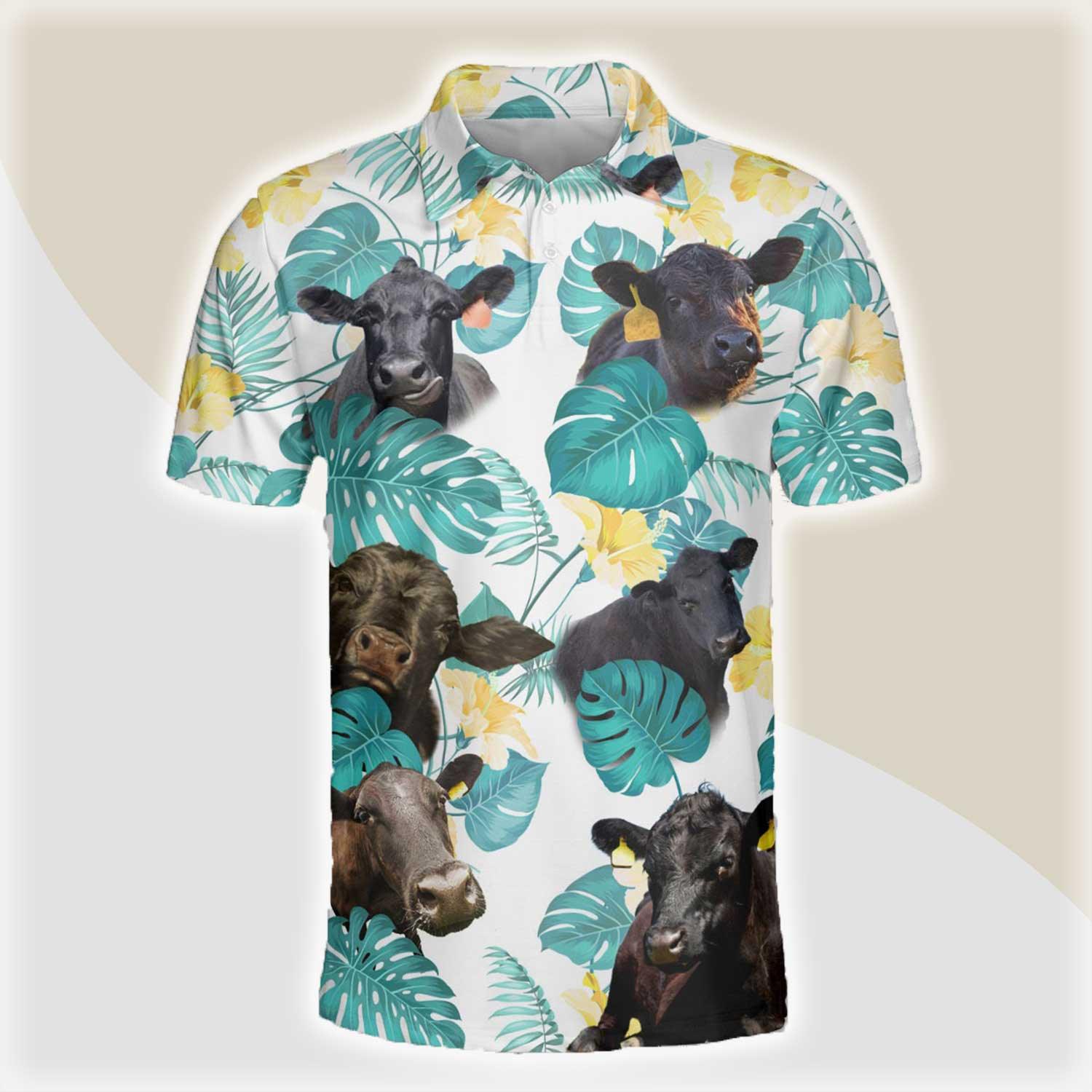 Black Angus Men Polo Shirts For Summer - Black Angus In Tropical Leaves Pattern Button Shirts For Men - Perfect Gift For Black Angus Lovers, Cattle Lovers - Amzanimalsgift
