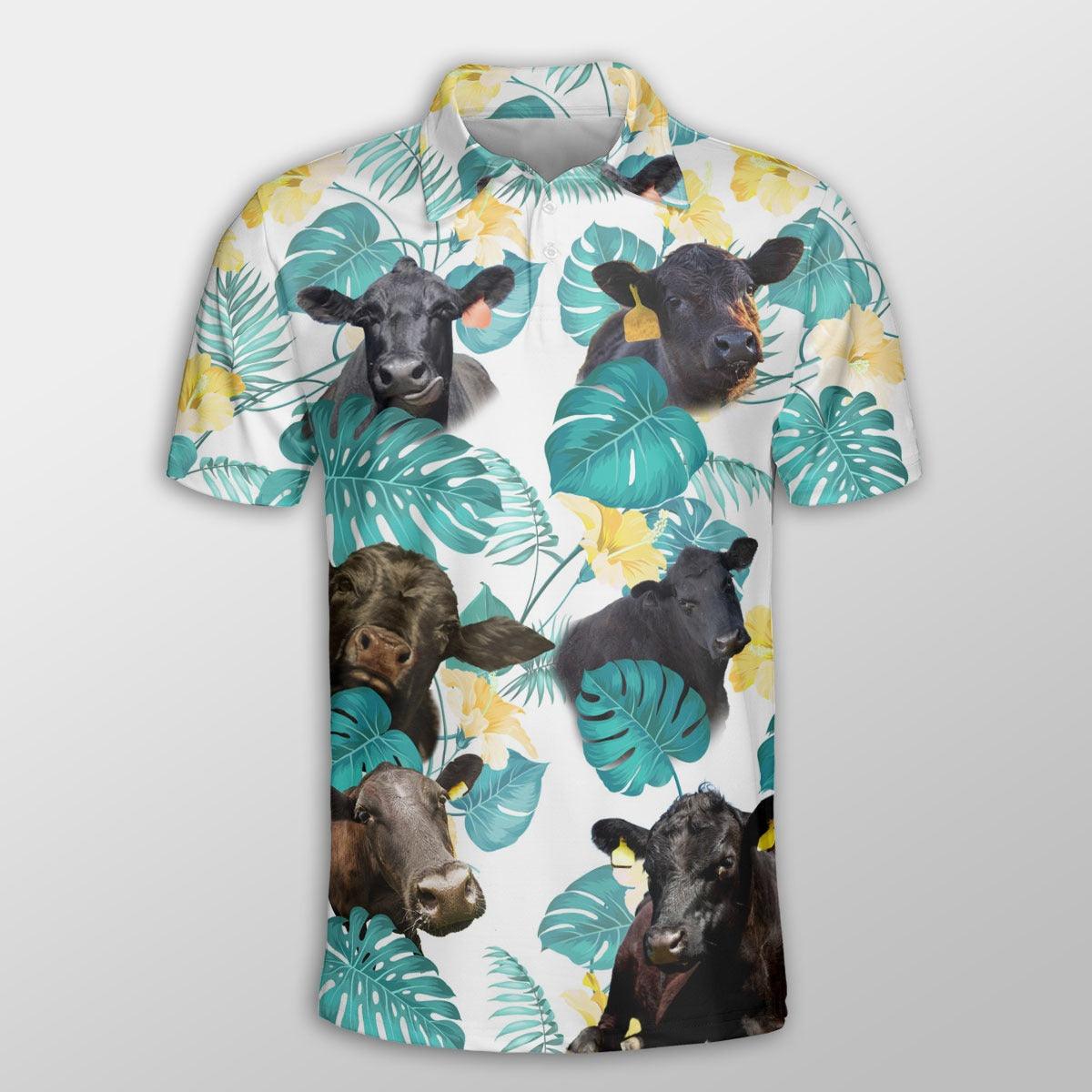 Black Angus Men Polo Shirts For Summer - Black Angus In Tropical Leaves Pattern Button Shirts For Men - Perfect Gift For Black Angus Lovers, Cattle Lovers - Amzanimalsgift