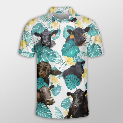 Black Angus Men Polo Shirts For Summer - Black Angus In Tropical Leaves Pattern Button Shirts For Men - Perfect Gift For Black Angus Lovers, Cattle Lovers - Amzanimalsgift