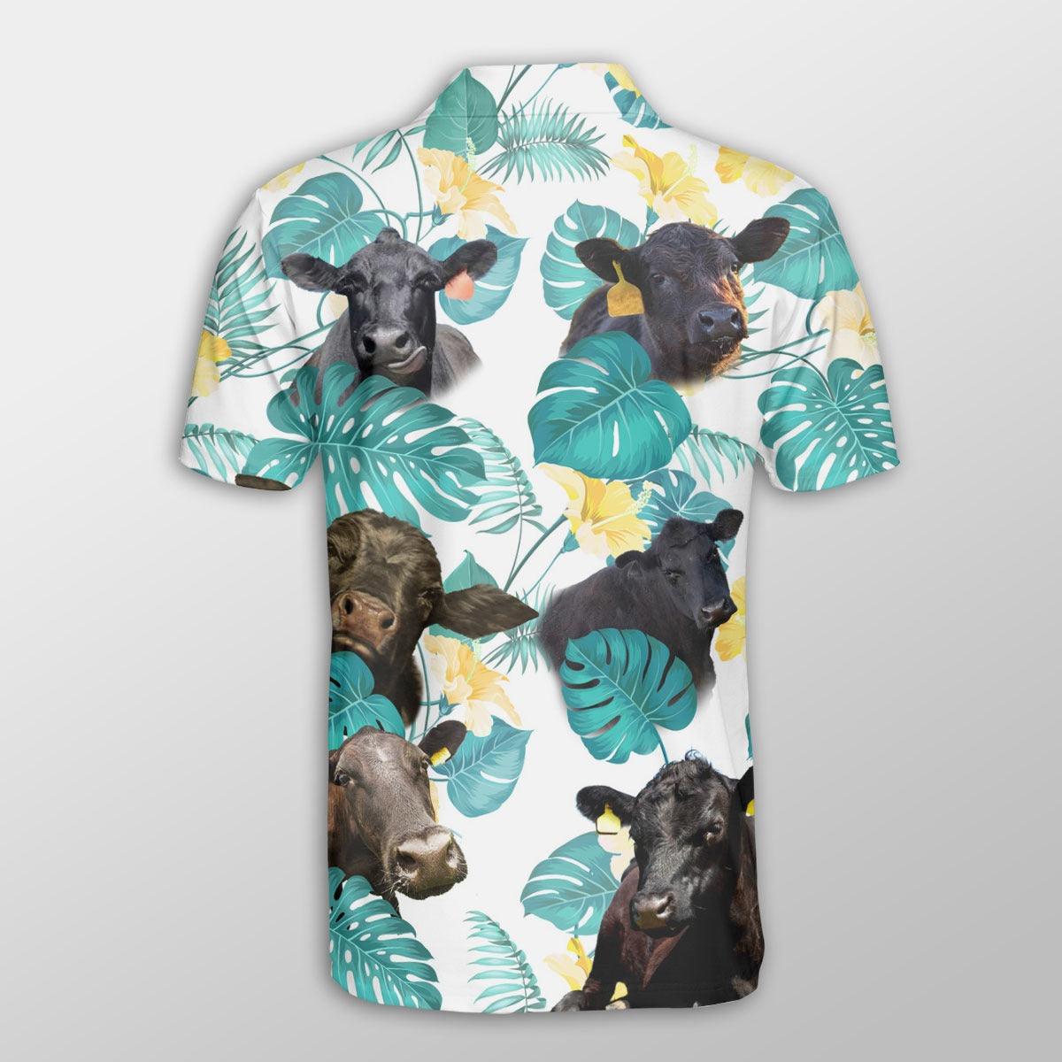 Black Angus Men Polo Shirts For Summer - Black Angus In Tropical Leaves Pattern Button Shirts For Men - Perfect Gift For Black Angus Lovers, Cattle Lovers - Amzanimalsgift