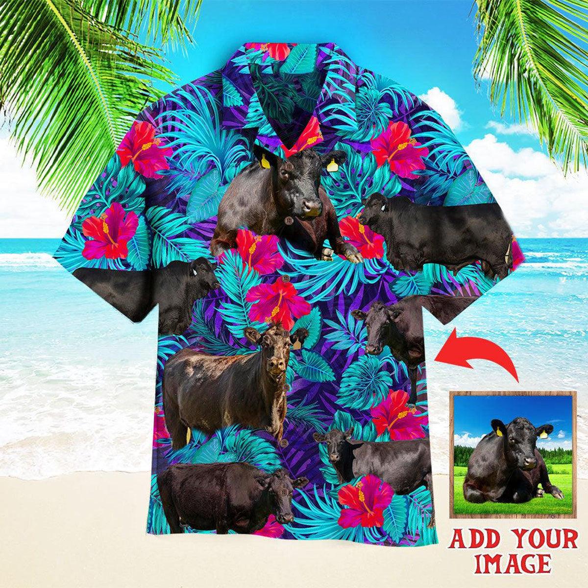 Black Angus Tropical Cattle Custom Hawaiian Shirt, Personalized Hawaiian Shirts, Custom Photo Hawaiian Shirt - Perfect Gift For Family, Friends - Amzanimalsgift