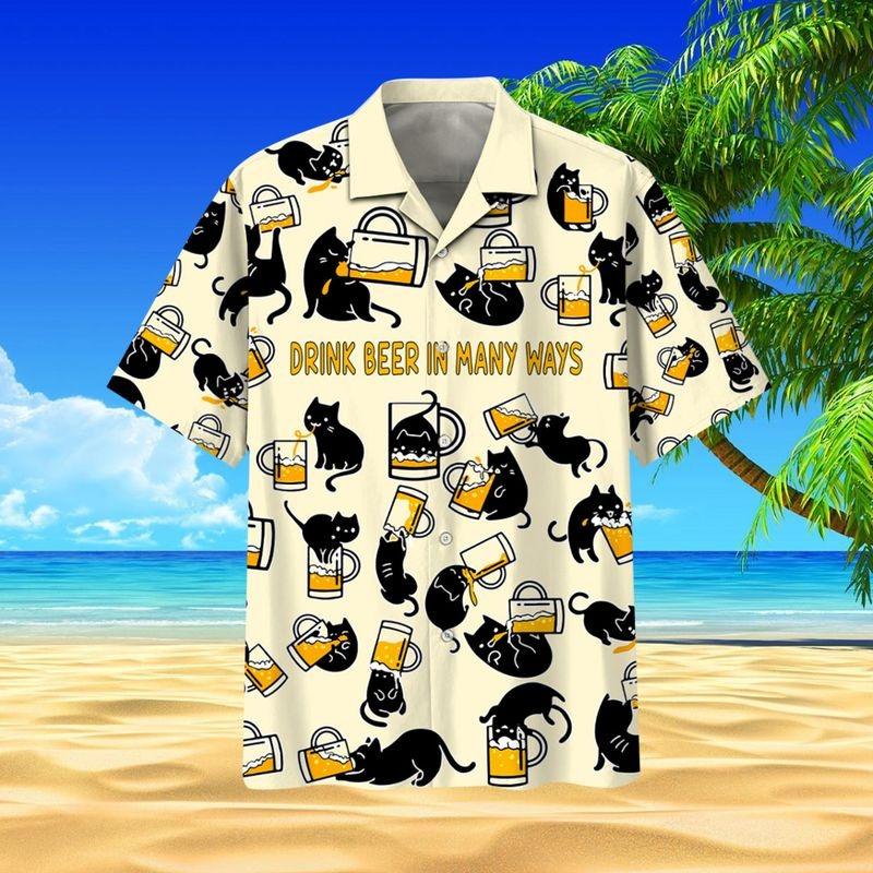 Black Cat Aloha Hawaiian Shirt - Black Cat & Beer Pattern Hawaiian Shirt,Drink Beer In Many Ways Hawaiian Shirt For Men & Women, Cat Lover - Amzanimalsgift