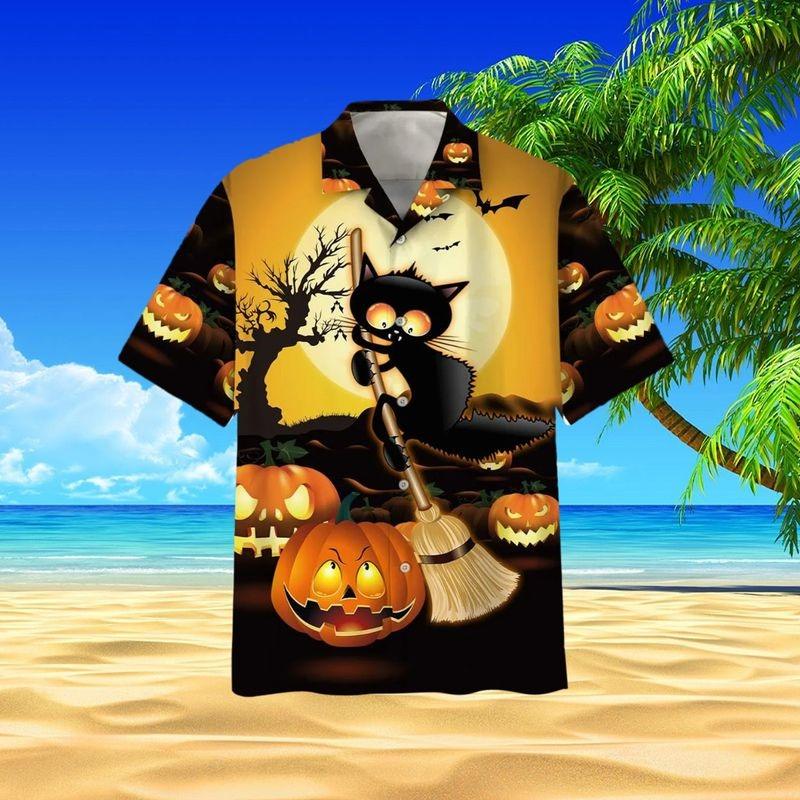 Black Cat Aloha Hawaiian Shirt - Black Cat Riding Broom Hawaiian Shirt, Halloween Witch Cat Halloween Hawaiian Shirt For Men & Women, Black Cat Lover - Amzanimalsgift