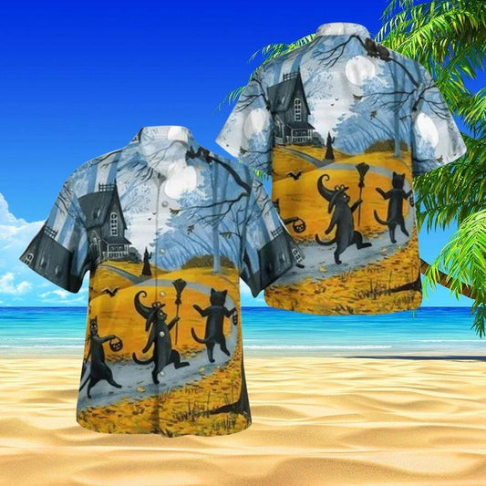 Black Cat Aloha Hawaiian Shirt - Halloween Animal Pattern Hawaiian Shirt, Black Cat Witch Hawaiian Shirt For Men & Women, Black Cat Lover - Amzanimalsgift