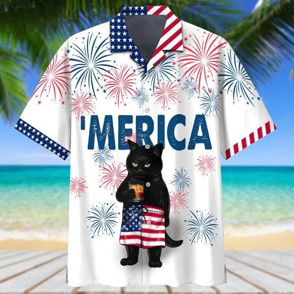 Black Cat Aloha Hawaiian Shirts For Summer, Happy Independence Day Merica Patriotic Hawaiian Shirt For Men Women, Fourth Of July Gift For Cat Lovers - Amzanimalsgift