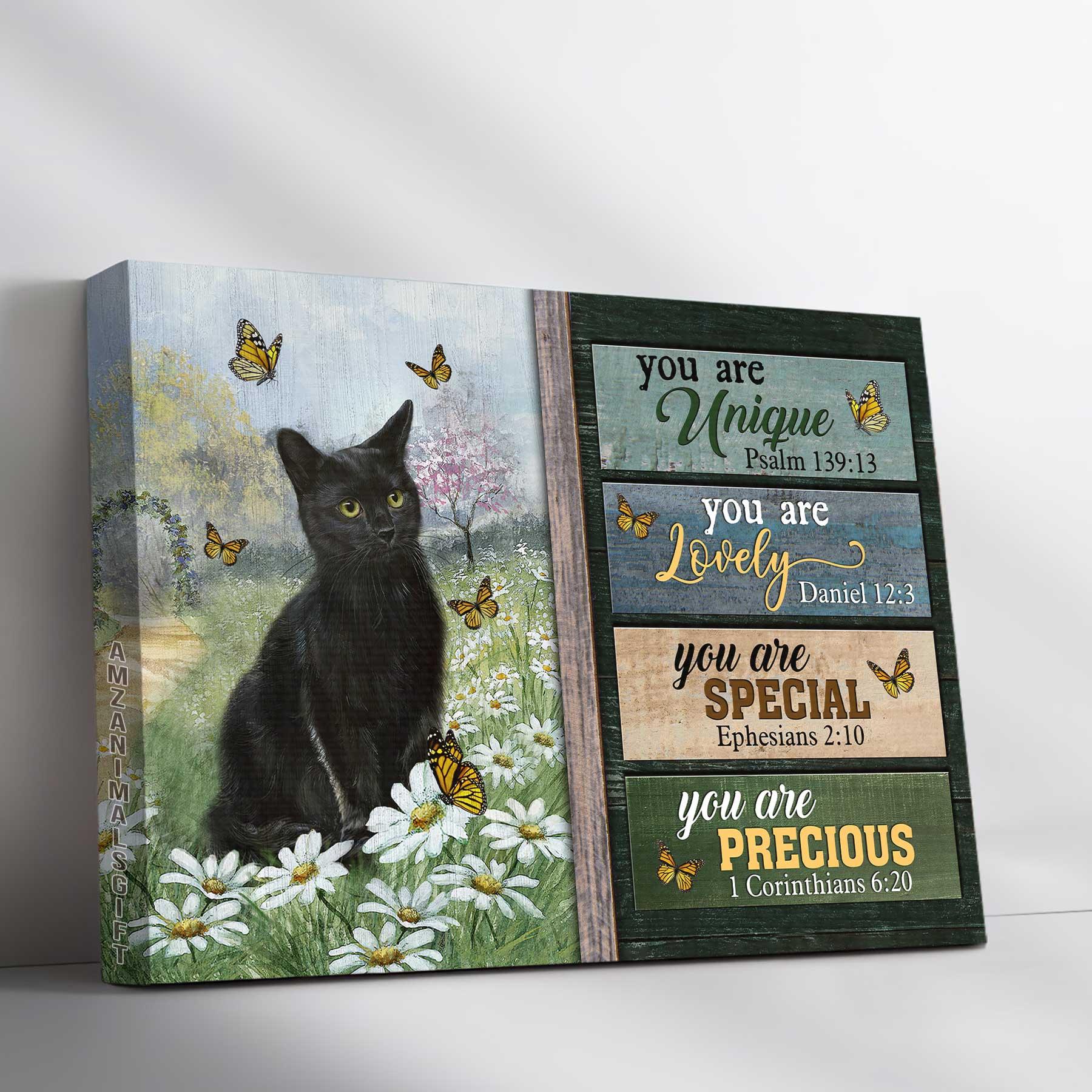 Black Cat & Jesus Premium Wrapped Landscape Canvas - Black Cat, Daisy Field, Monarch Butterfly, You Are Unique - Gift For Christian, Cat Lovers - Amzanimalsgift