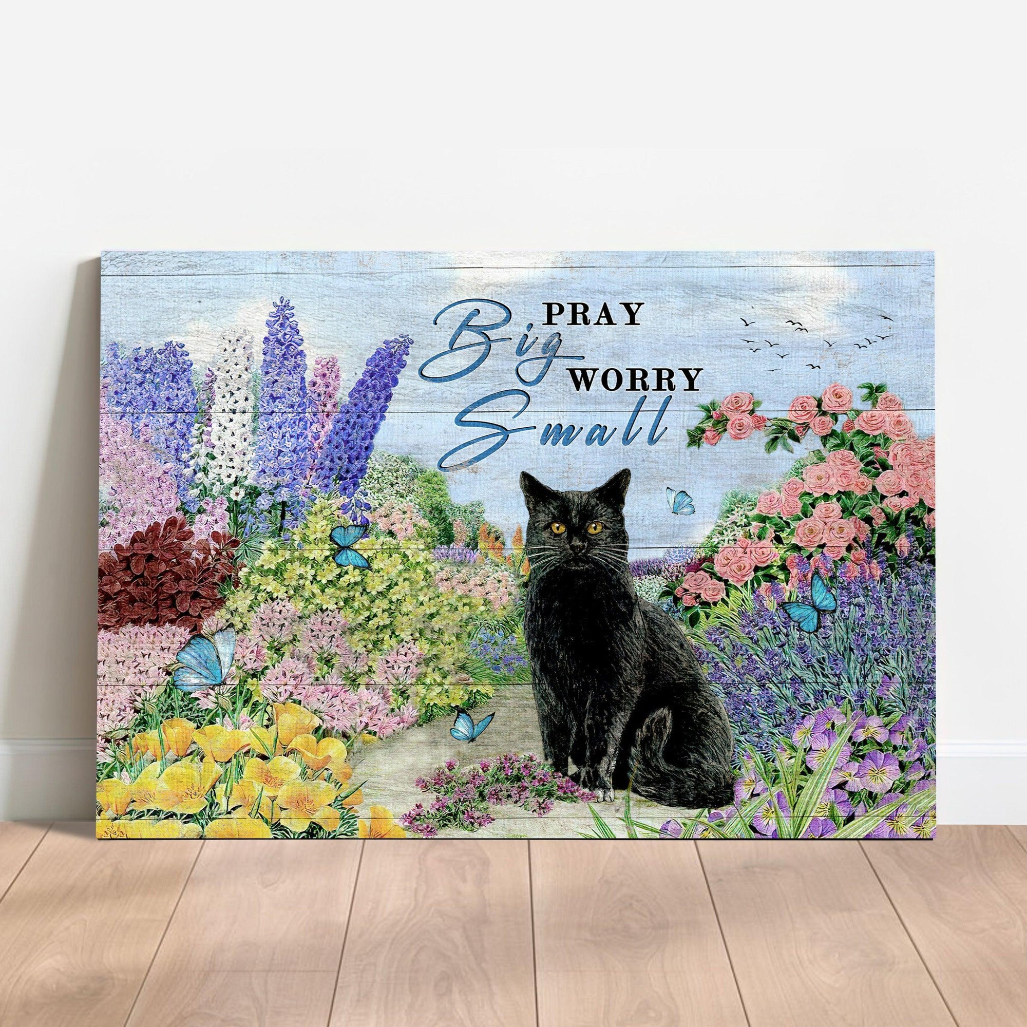 Black Cat & Jesus Premium Wrapped Landscape Canvas - Black Cat, Flower Garden, Blue Butterfly, Pray Big, Worry Small - Gift For Black Cat Lovers - Amzanimalsgift
