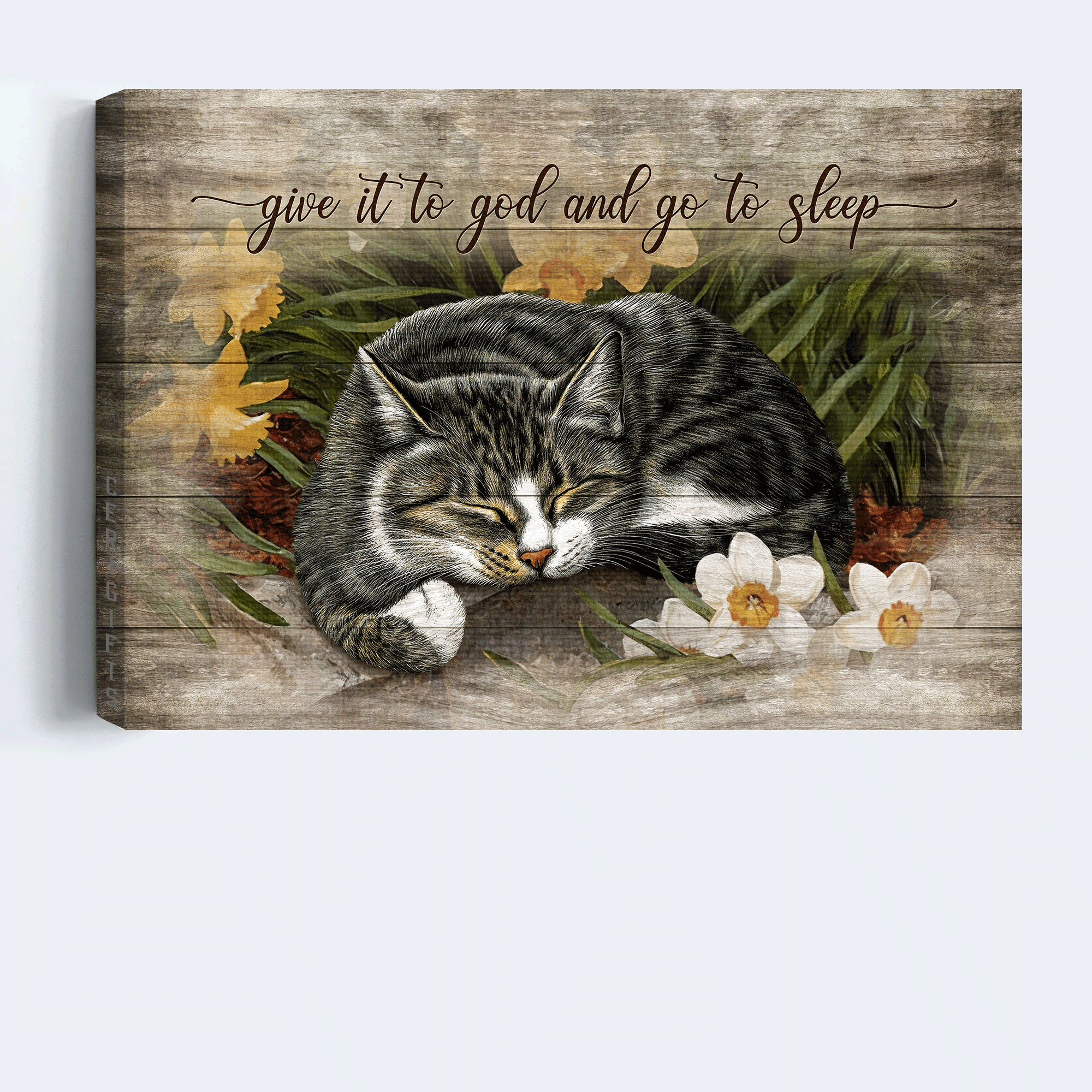 Black Cat & Jesus Premium Wrapped Landscape Canvas - Black Cat, Pretty Flower Garden - Give It To God - Gift For Christian, Black Cat Lovers - Amzanimalsgift