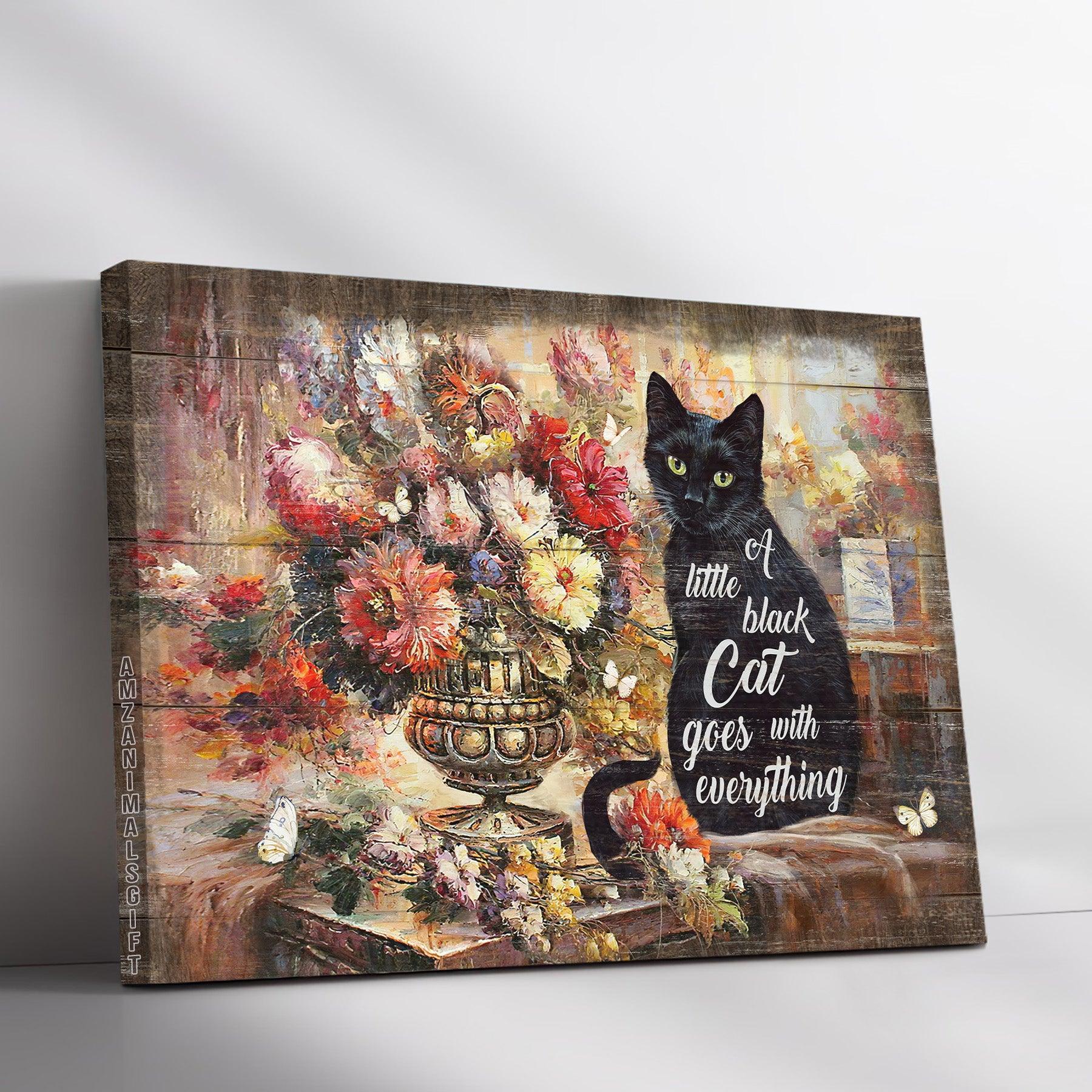 Black Cat & Jesus Premium Wrapped Landscape Canvas - Brilliant Flower Garden, Black Cat, A Little Black Cat Goes With Everything - Gift For Christian - Amzanimalsgift