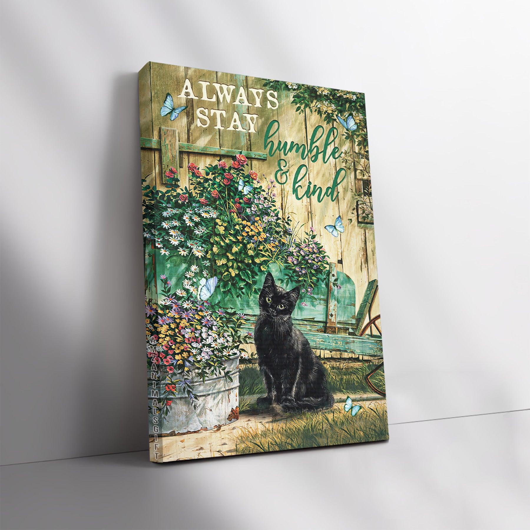 Black Cat & Jesus Premium Wrapped Portrait Canvas - Black Cat, Baby Flower Garden, Sunny Day, Always Stay Humble And Kind - Gift For Black Cat Lovers - Amzanimalsgift