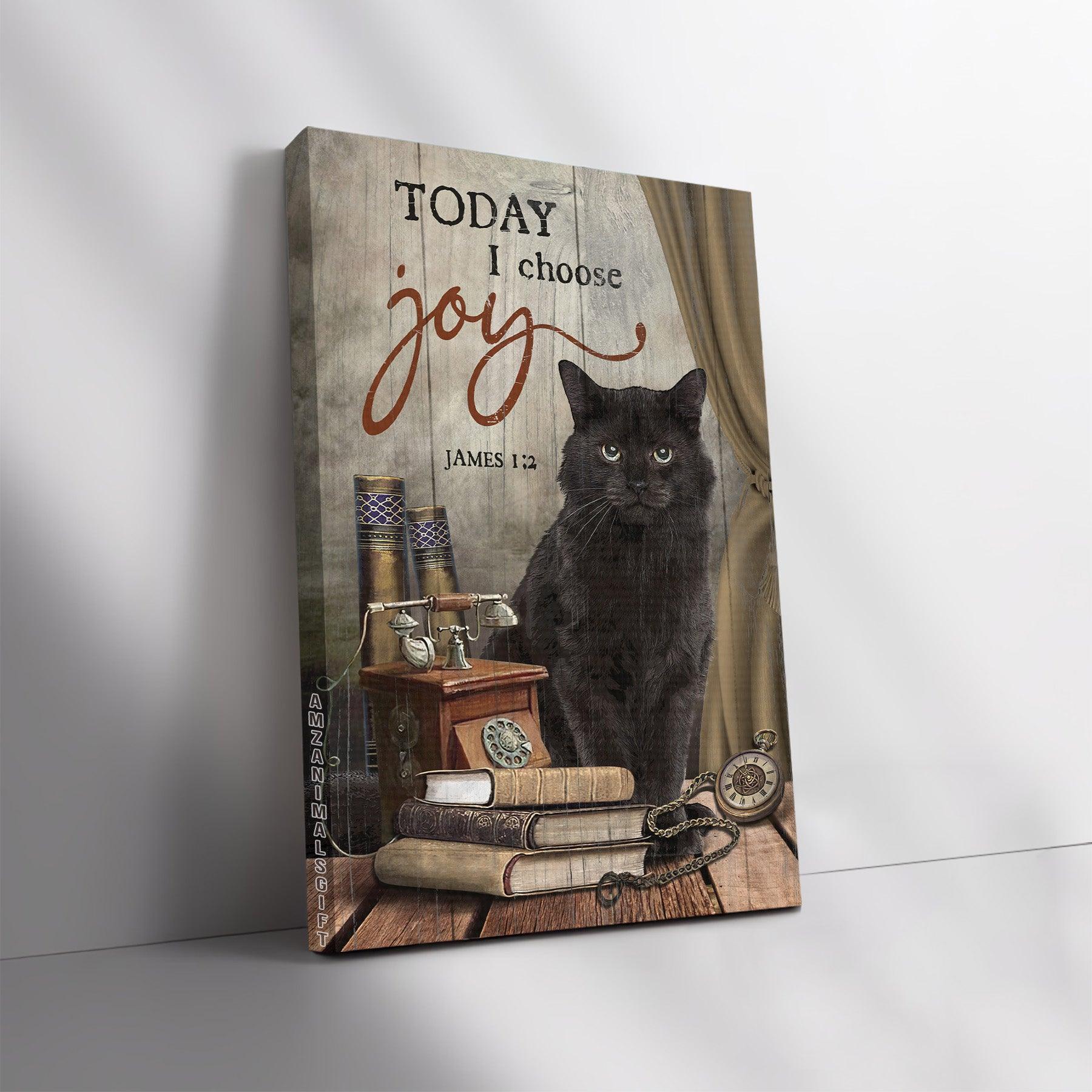 Black Cat & Jesus Premium Wrapped Portrait Canvas - Black Cat, Telephone, Clock, Books, Today I Choose Joy - Gift For Christian, Black Cat Lovers - Amzanimalsgift