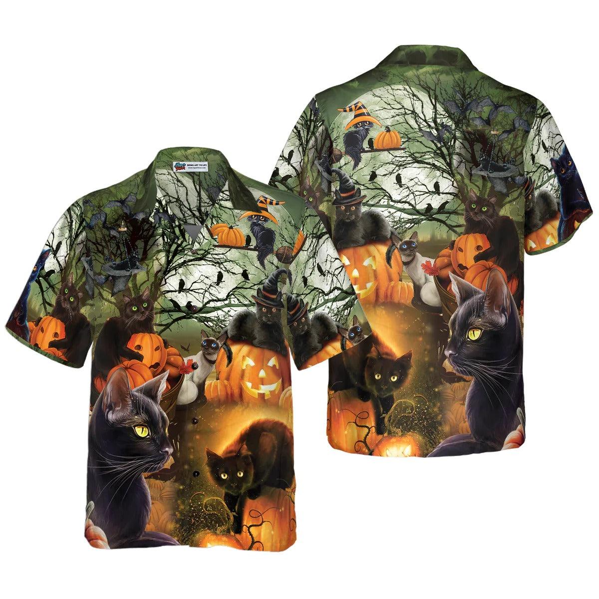 Black Cat & The Pumpkin Halloween Hawaiian Shirt, Halloween Shirt For Men And Women - Perfect Gift For Lover, Friend, Family - Amzanimalsgift