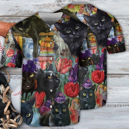 Black Cat Baseball Jersey, Black Cat Art, Flower Garden Baseball Jersey For Men And Women - Perfect Gift For Black Cat Lovers - Amzanimalsgift