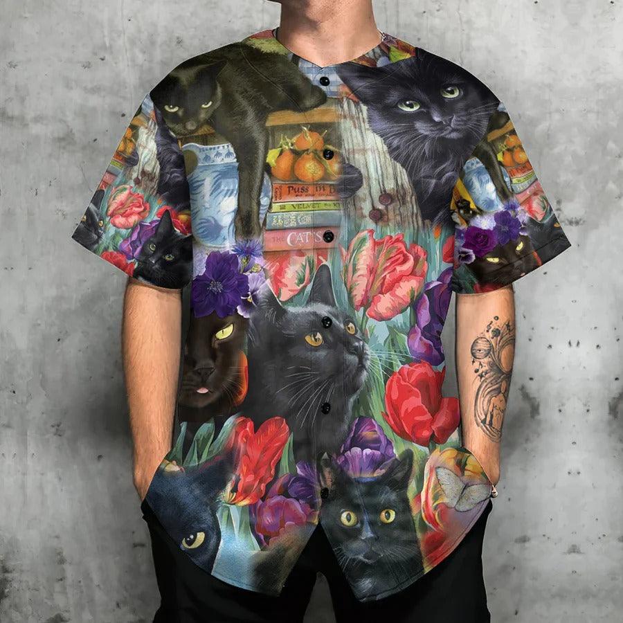 Black Cat Baseball Jersey, Black Cat Art, Flower Garden Baseball Jersey For Men And Women - Perfect Gift For Black Cat Lovers - Amzanimalsgift