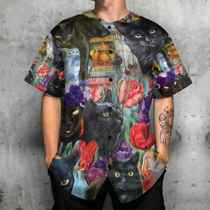 Black Cat Baseball Jersey, Black Cat Art, Flower Garden Baseball Jersey For Men And Women - Perfect Gift For Black Cat Lovers - Amzanimalsgift