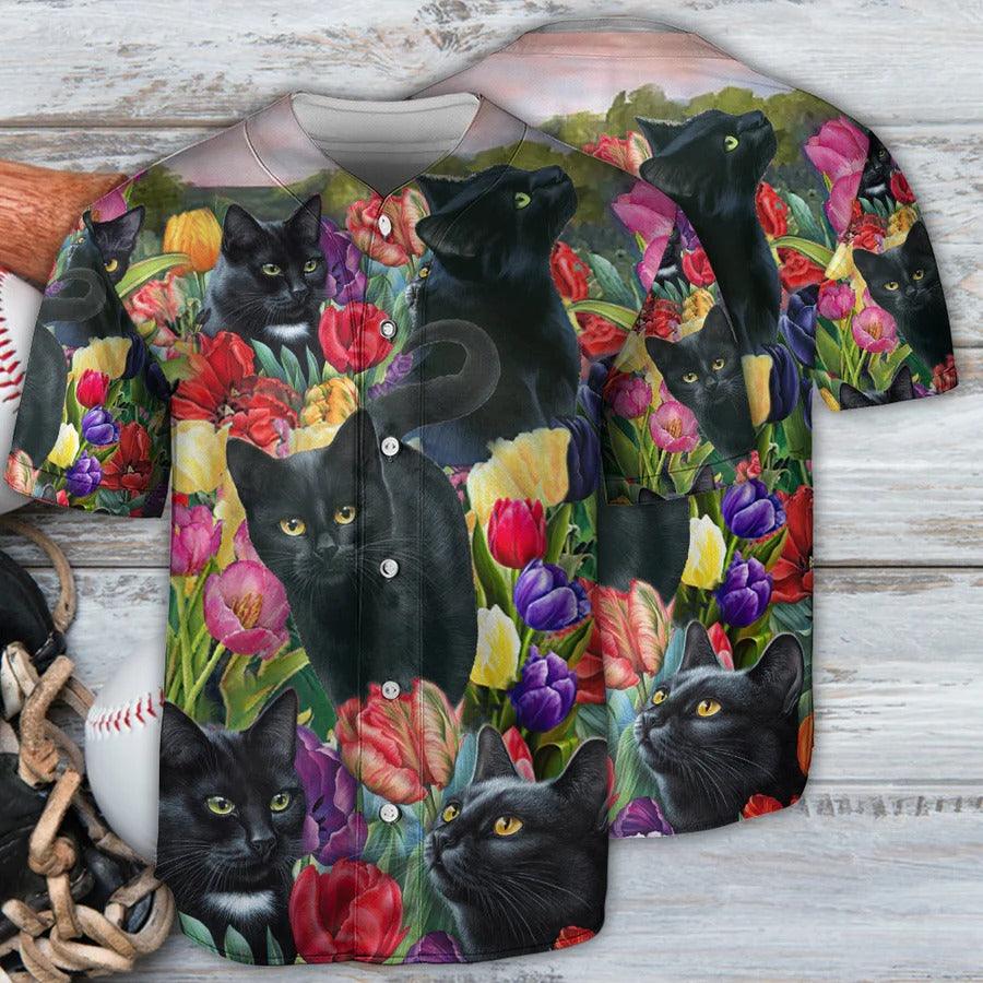 Black Cat Baseball Jersey, Black Cat, Colorful Lily Flowers Baseball Jersey For Men And Women - Perfect Gift For Black Cat Lovers - Amzanimalsgift