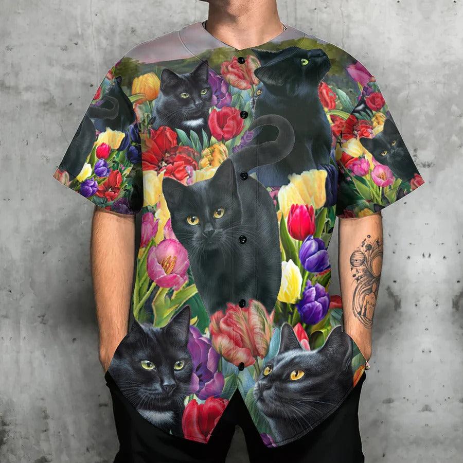 Black Cat Baseball Jersey, Black Cat, Colorful Lily Flowers Baseball Jersey For Men And Women - Perfect Gift For Black Cat Lovers - Amzanimalsgift