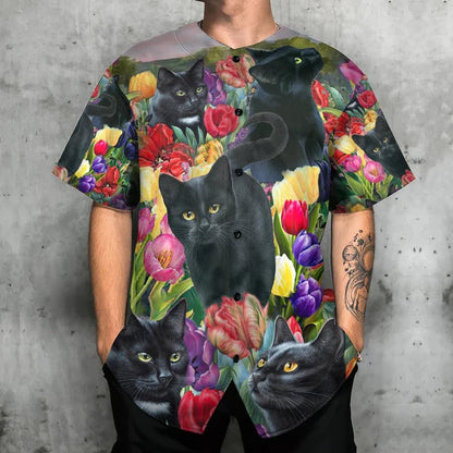 Black Cat Baseball Jersey, Black Cat, Colorful Lily Flowers Baseball Jersey For Men And Women - Perfect Gift For Black Cat Lovers - Amzanimalsgift