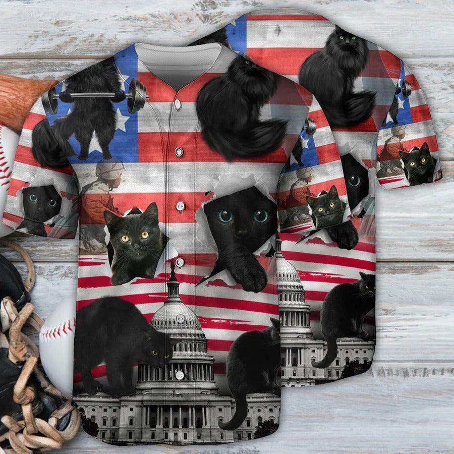 Black Cat Baseball Jersey, Black Cat Independence Day American Flag Baseball Jersey For Men And Women - Perfect Gift For Black Cat Lovers - Amzanimalsgift