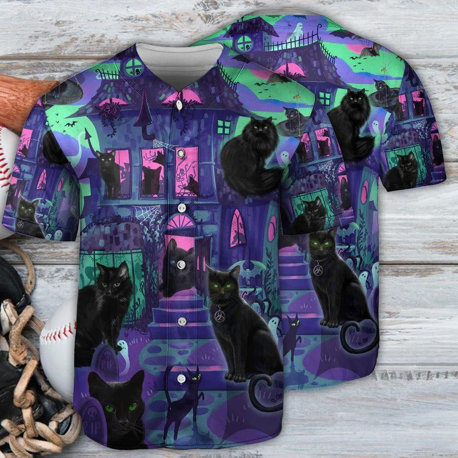 Black Cat Baseball Jersey, Halloween, Black Cat In A Haunted House Baseball Jersey For Men And Women - Perfect Gift For Black Cat Lovers - Amzanimalsgift