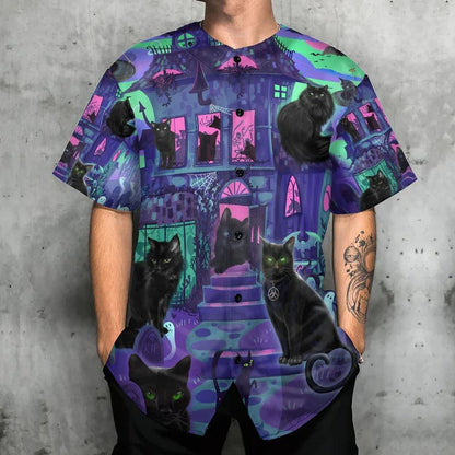 Black Cat Baseball Jersey, Halloween, Black Cat In A Haunted House Baseball Jersey For Men And Women - Perfect Gift For Black Cat Lovers - Amzanimalsgift