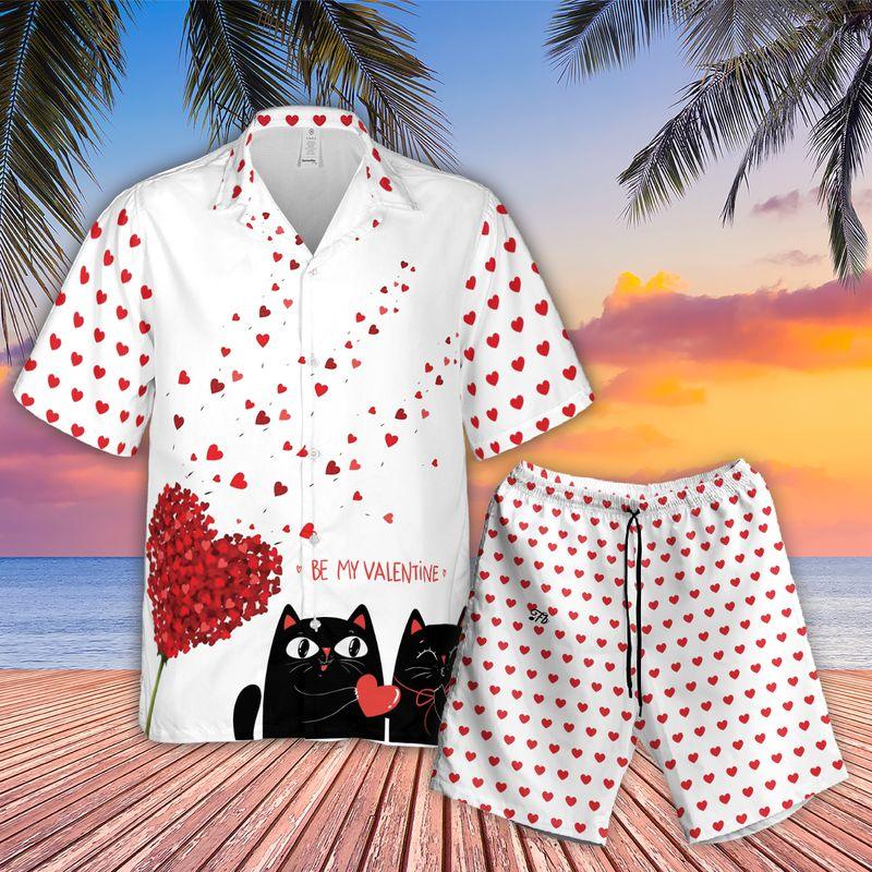 Black Cat Couple Aloha Hawaiian Shirts For Summer, Be My Valentine Hawaiian Set For Men Women, Gift For Husband Wife, Boyfriend, Girlfriend, Cat Lover - Amzanimalsgift