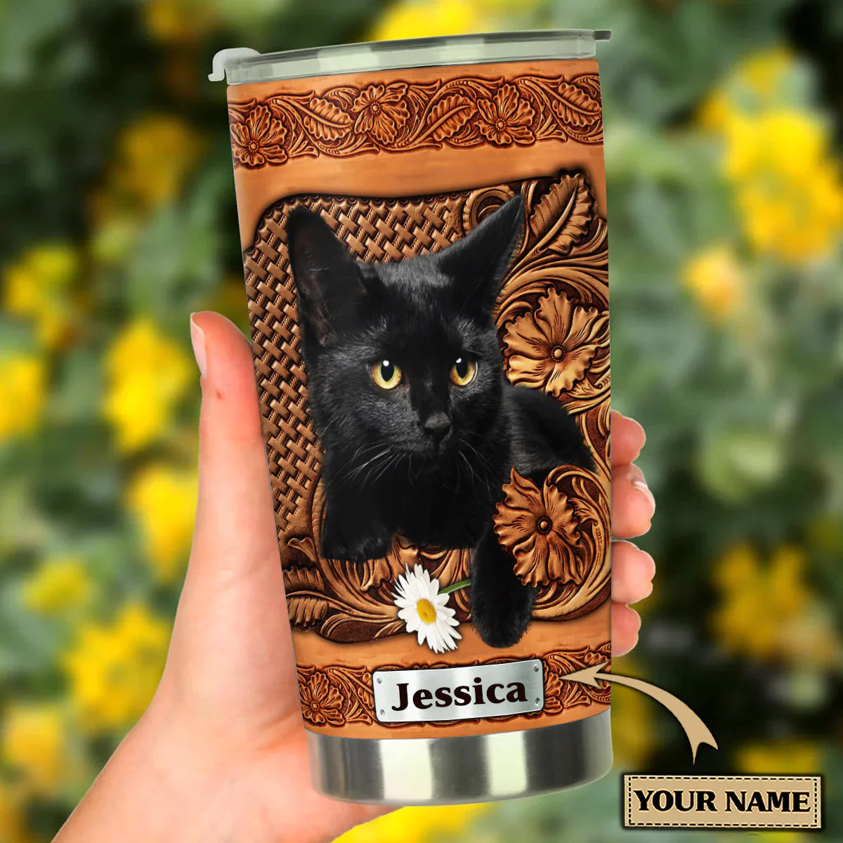 Black Cat Custom Name Tumbler, Daisy, Personalized Gift for Cat Lovers, Cat Mom Dad, Mother's Day, Couples - Amzanimalsgift