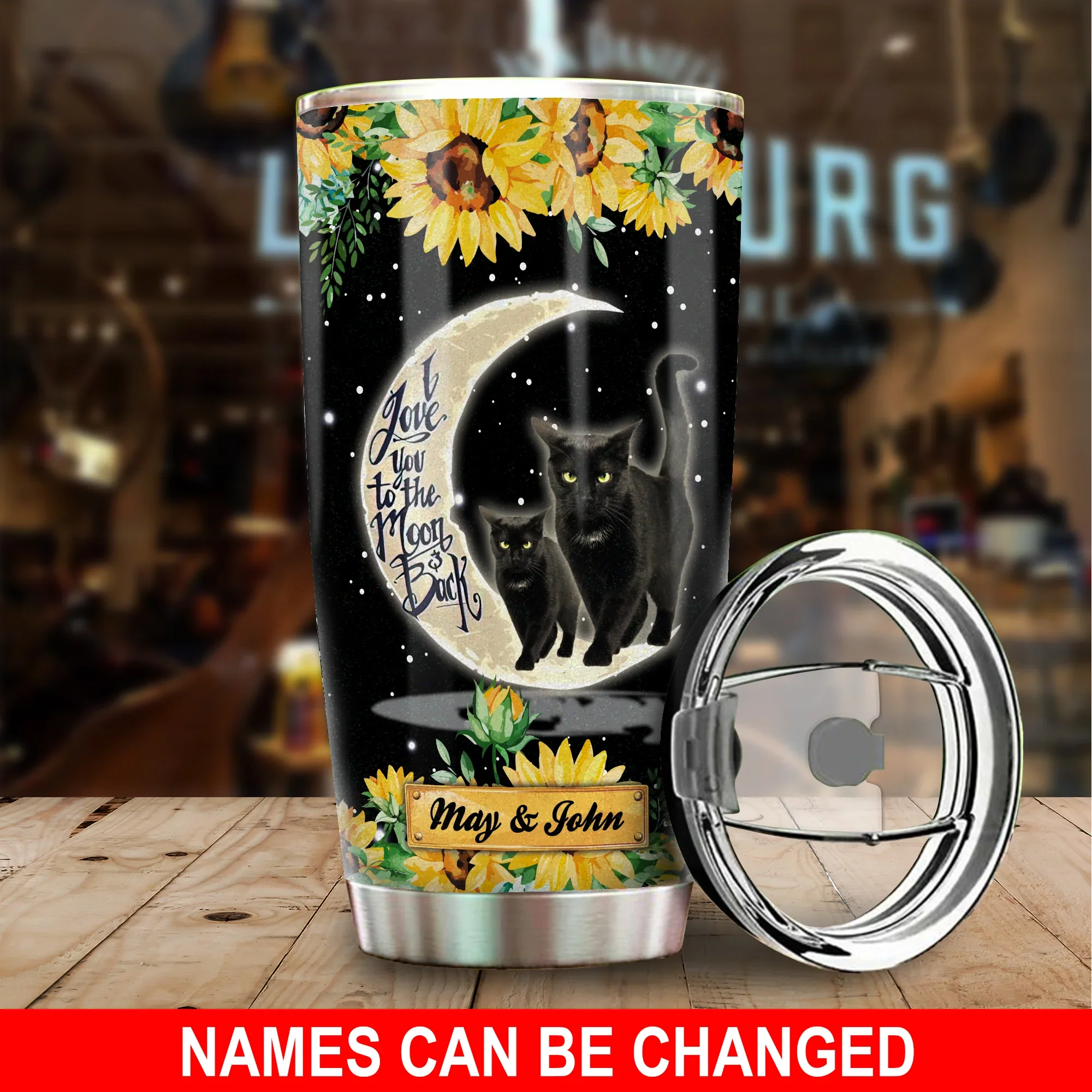 Black Cat Custom Name Tumbler, Sunflower, I Love You To The Moon, Personalized Gift for Cat Lovers, Cat Mom Dad, Mother's Day, Couples - Amzanimalsgift