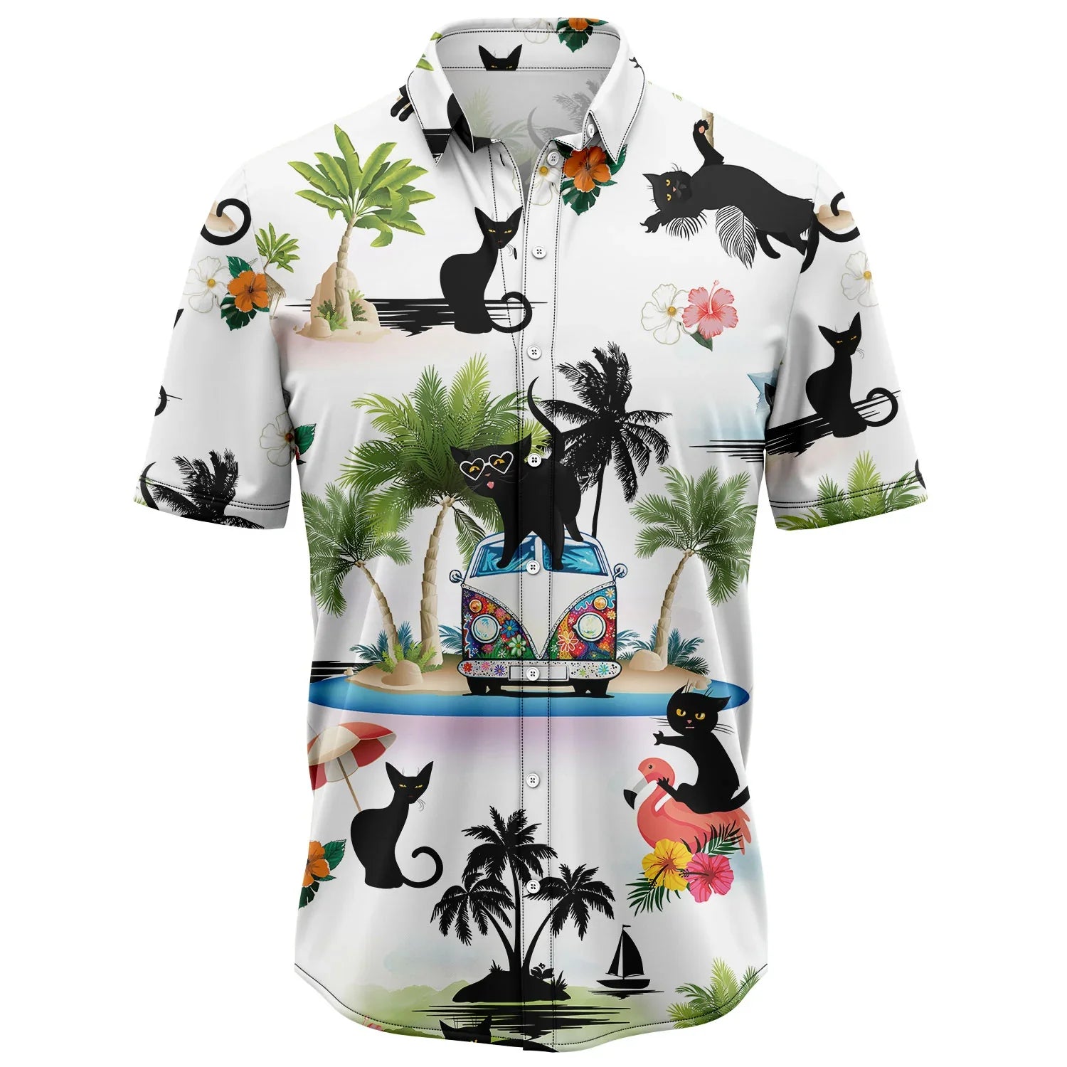Black Cat Hawaiian Shirt, Black Cat On Summer Beach Palm Tree Aloha Shirt - Perfect Gift For Black Cat Lovers, Husband, Boyfriend, Friend, Family - Amzanimalsgift