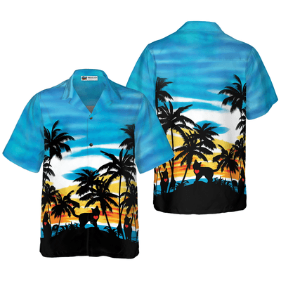 Black Cat Hawaiian Shirt, Cat Love Sunset Shirt For Men - Perfect Gift For Men, Cat Lovers, Husband, Boyfriend, Friend, Family - Amzanimalsgift