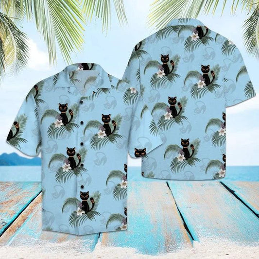 Black Cat Hawaiian Shirt - Funny Black Cat Tropical Plants On Blue Hawaiian Shirt - Perfect Gift For Friend, Family - Amzanimalsgift