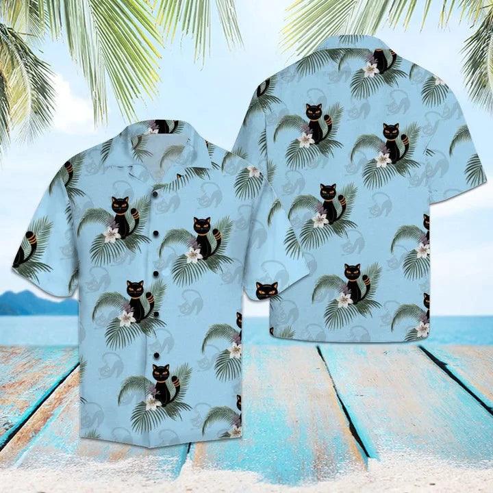 Black Cat Hawaiian Shirt - Funny Black Cat Tropical Plants On Blue Hawaiian Shirt - Perfect Gift For Friend, Family - Amzanimalsgift