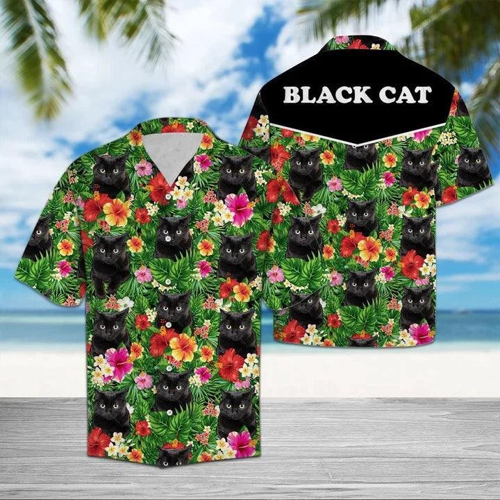 Black Cat Hawaiian Shirt - Hiding Black Cat And Flower Tropical Flower Leaves Hawaiian Shirt - Perfect Gift For Cat Lovers, Friend, Family - Amzanimalsgift