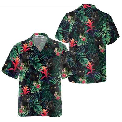 Black Cat Hawaiian Shirt, Tropical Leaves Aloha Shirt For Men - Perfect Gift For Men, Cat Lovers, Husband, Boyfriend, Friend, Family - Amzanimalsgift